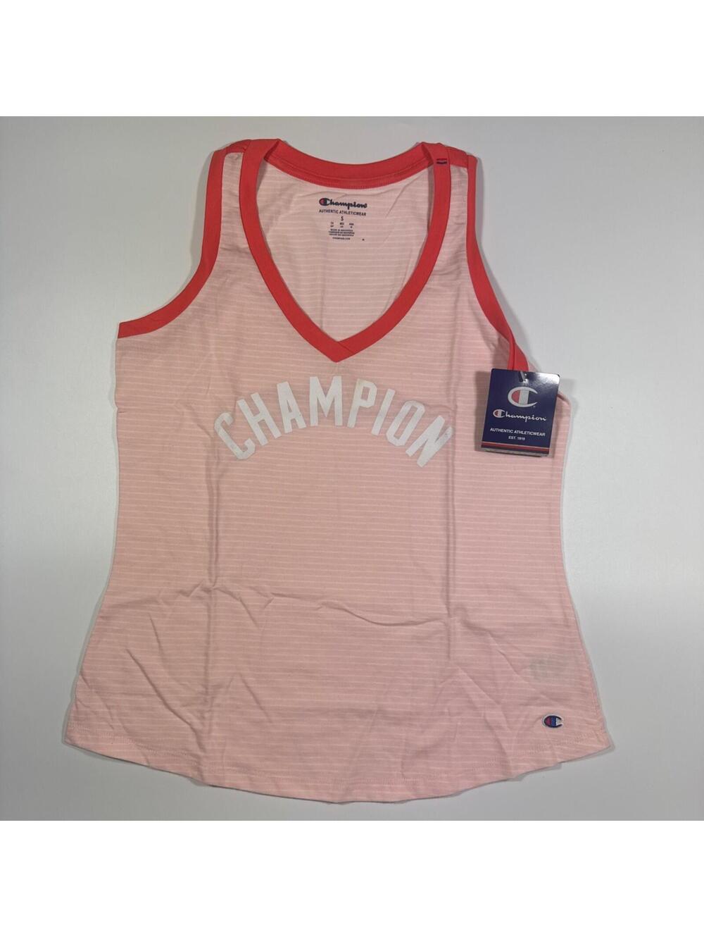 Champion V-Neck Heritage Tank Top Women Size Small Primer Pink Striped Logo
